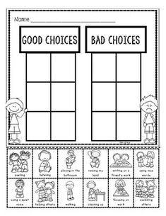 the worksheet for good choices and bad choices is shown in black and white