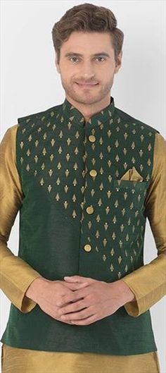 Green color Nehru Jacket in Dupion Silk fabric with Printed work Luxury Silk Nehru Jacket With Traditional Drape, Luxury Pista Green Nehru Jacket For Designer Wear, Luxury Green Nehru Jacket With Mandarin Collar, Luxury Green Embroidered Nehru Jacket, Luxury Green Raw Silk Nehru Jacket, Luxury Pista Green Fitted Nehru Jacket, Green Nehru Jacket With Stand Collar For Festive Occasions, Festive Green Nehru Jacket With Stand Collar, Green Nehru Jacket For Winter Festive Occasions