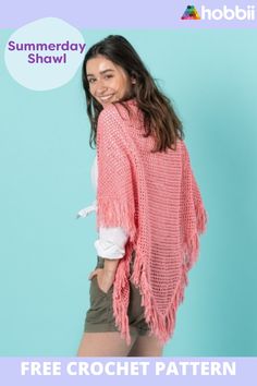 a woman wearing a pink shawl with text overlay that reads, free crochet pattern