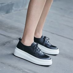 These leather sneakers are simple but also fashionable. Item Specification Upper Material: Genuine Leather Outsole Material: Rubber Insole Material: PU Lining Material: PU Questions? Contact us at support@fyzoeshoe.com Synthetic Lace-up Shoes With Contrast Sole, Trendy Low-top Skate Shoes With Textured Sole, Casual Black Platform Lace-up Shoes, Casual Flat Lace-up Shoes With Perforated Toe Box, Trendy Slip-on Platform Sneakers With Textured Sole, Casual Leather Lace-up Shoes With Vulcanized Sole, Synthetic Pointed Toe Lace-up Shoes With Rubber Sole, Pointed Toe Lace-up Shoes With Rubber Sole, Synthetic Lace-up Shoes With Contrast Sole And Round Toe