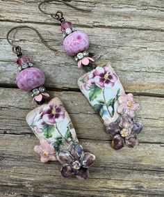 Floral Earrings, Ceramic Earrings, Boho Hippie Earrings, Artisan Made, OOAK Artisan Pink Drop Earrings, Bohemian Pink Hand Painted Earrings, Artistic Pink Flower Jewelry, Bohemian Hand Painted Flower Earrings, Artistic Pink Dangle Jewelry, Unique Soldered Drop Earrings, Artistic Handmade Pink Earrings, Artistic Flower-shaped Earrings With Ear Wire, Artisan Pink Nickel-free Earrings