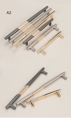 four different types of metal clothes pins on a white surface with gold and silver accents