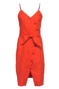 Current Boutique-Joie - Bright Orange Sleeveless Button-Up Linen Midi Dress Sz XS Red Tie Waist Midi Dress For Summer, Red Summer Midi Dress With Tie Waist, Red Midi Dress With Tie Waist For Summer, Red Belted Midi Dress For Summer, Chic Summer Belted Linen Dress, Orange Summer Midi Dress For Daywear, Chic Belted Linen Summer Dress, Summer Orange Midi Dress For Daywear, Chic Summer Linen Dress With Belt