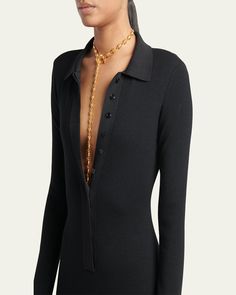 TOM FORD knit polo dress    Spread collar; halfbutton placket    Long sleeves    Bodyconscious silhouette    Ankle length    Slipover style    Virgin wool/polyester/silk    Made in Italy Wool Maxi Dress, Tom Ford Dress, Knit Polo Dress, Knit Polo, Polo Dress, Tom Ford, Ankle Length, Button Downs, Tops Designs