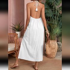 Nwot Vcay Sleeveless Long Dress With Tassel, Open Back & Halter Tie, L (8-10), White Nwot, Brand New, Never Worn!!! A Trip To The Pool Or Beach Isn't Complete Without This White Swim Cover-Up Dress! This 100% Cotton Gauzy, Crinkle-Woven Swim Cover-Up Is Perfect For Pulling On Over Your Swimsuit And Hitting The Town. This Backless Dress Has Tasseled Ties Above A Midi Skirt With Side Slits. - L (8-10) - White - Boho - A Line - Cami - Backless - Halter - Sleeveless - Midi - 100% Cotton - Machine Wa White Backless Halter Dress For Day Out, Sleeveless Cotton Sundress For Beach Season, Sleeveless Tie-back Halter Dress For Day Out, Summer Sleeveless Backless Dress For Beach, Summer Sleeveless Backless Dress, Sleeveless Halter Dress For Summer Brunch, Cotton Halter Neck Sundress With Tie Back, Summer Sleeveless Cotton Dress For Vacation, Cotton Sleeveless Dress For Beach Vacation