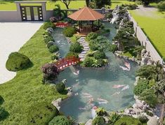 an artist's rendering of a japanese garden with koi fish in the pond