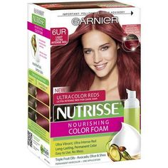 Garnier Nutrisse Nourishing Color Foam Permanent Haircolor's ultra-color technology is designed to intensify the red color result on naturally dark hair. It transforms even the deepest brunettes--achieving ultra-vibrant red tones in an easy foam format! The avocado, olive and shea oil conditioner nourishes to help protect against dryness, while locking in your radiant color and moisture. It leaves hair silky, soft and healthy looking. The easy-to-use pump dispenses a non-drip, creamy foam that s Garnier Hair Color, Light Ash Brown, Hair Silky, Hair Care Brands, Hair Styling Products, Skin Allergies, Olive Fruit, Bleached Hair, Styling Products