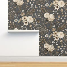 an image of a wallpaper with flowers on it and a door frame in the background