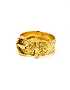 18ct YELLOW GOLD HALLMARKED 1912 BUCKLE BAND RING Beautifully carved 18ct gold buckle ring clearly hallmarked 1912, Birmingham Assay Office. This lovely example is 7.9mm in width and a finger size Q 1/2 Total weight is 6.1 grams  The ring has been well loved and clear, attractive carving is still evident around the whole of the front of the ring, with general wear to the back as one would expect of a ring this age. This ring will be presented in a black leatherette ring box. Please feel free to Victorian Gold Engraved Ring With Decorative Band, Heirloom Rings With Decorative Band, Antique Yellow Gold Engraved Ring Collectible, Antique Yellow Gold Engraved Ring, Collectible, Antique Engraved Yellow Gold Ring Collectible, Engraved Wide Band Yellow Gold Rings, Antique Engraved Ring Hallmarked, Antique Engraved Ring With Decorative Band, Victorian Hallmarked 14k Gold Ring