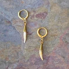 +Gold Dangling Earrings + Small Hoop Closure + Made with real coyote teeth +Light and Delicate +Handmade in San Francisco, California, USA Cat Teeth Jewelry, Nickel Free Brass Dangle Huggie Earrings, Nickel-free Brass Dangle Huggie Earrings, Oddities Art, Animal Bone Jewelry, Teeth Earrings, Na'vi Oc, Better Fashion, Taxidermy Jewelry