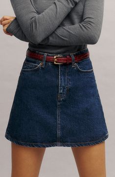 This season-spanning denim skirt is cut to a leggy length for day-to-night appeal. 15" length (size 29) Zip fly with button closure Five-pocket style 64% organic cotton, 35% Tencel® lyocell, 1% Lycra® spandex Tencel lyocell is a sustainably produced fiber made with closed-loop processing Machine wash, tumble dry Imported Danielle Haim, Denim Bustier, Denim Miniskirt, Denim Skirt Outfits, Miniskirt Outfits, High Waist Denim, French Women, High Rise Denim, Cute Skirts