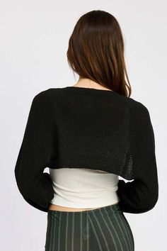 Upgrade your wardrobe with our elegant Blouson Sleeve Bolero. This timeless piece features long sleeves for ultimate comfort and style. Perfect for any occasions, it is sure to add a touch of sophistication to your outfit. Fabric Contents: 40% Acrylic, 40% Polyester, 20% Artificial Hemp Imported Night Out Long Sleeve Stretch Cardigan, Versatile Black Long Sleeve Cardigan, Trendy Long Sleeve Cardigan For Night Out, Black Stretch Long Sleeve Cardigan, Casual Long Sleeve Cardigan For Night Out, Sleeve Bolero, Pork Pie Hat, Farm Clothes, Chic Wardrobe