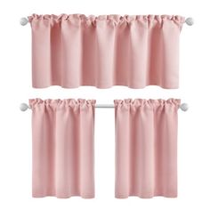 two pink curtains hanging on the side of a window