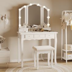 a white dressing table with stool and mirror