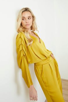 Satin Evening Jumpsuit Made in Italy Yellow Gold Satin Size M Available in other colors in other posting one of a kind in each color Elegant Yellow Long Sleeve Jumpsuit/romper, Elegant Yellow Long Sleeve Jumpsuit, Evening Jumpsuit, Gold Satin, Other Colors, In Italy, Jumpsuit, Yellow Gold, Satin