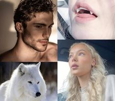 four different pictures of people with white hair and one has a wolf's face