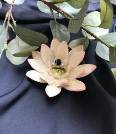 a white flower sitting on top of a blue cloth