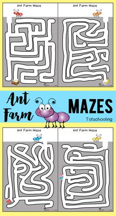 two mazes with the words ant farm mazes and an image of a bug