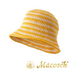 a yellow and white striped hat with the word macosh on it