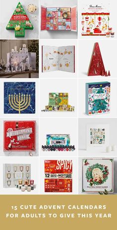 an assortment of holiday cards with the words 15 cute advent calendars for adults to give this year