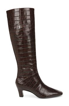 A slender square toe and demi block heel balance a rich leather boot shaped in a knee-high silhouette for timeless appeal. 2" heel (size 6) 15 3/4" shaft; 14" calf circumference. Regular calf 15 3/4" shaft; 16" calf circumference. Wide calf Side zip closure Leather upper/synthetic lining/rubber sole Imported Fitted Calf Leather Knee-high Boots With Block Heel, Square Toe Knee-high Boots With Leather Lining For Work, Fitted Brown Calf Leather Knee-high Boots, Formal Wide Calf Knee-high Boots With Square Toe, Formal Knee-high Boots With Square Toe And Reinforced Heel, Formal Knee-high Boots With Reinforced Heel And Square Toe, Fitted Calf Leather Knee-high Boots With Square Toe, Fitted Square Toe Calf Leather Heeled Boots, Fitted Calf Leather Heeled Boots With Square Toe