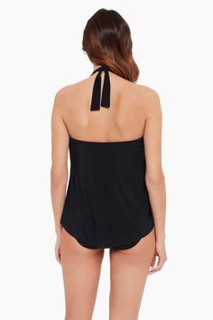 Underwire Bra Support Full Straight Back Draped Cowl-Neck Design Halter Tie Closure High-Low Hem For Added Bottom Coverage Pair With A Coordinating Magicsuit Swim Bottom Model Is 5'10" And Wearing A Size 8 95% Polyester, 5% LYCRA® Spandex Shaping Swim Bottoms Sold Separately | Magicsuit Women's Sophie Tankini Top DD-Cup in Black, Size 14DD, Polyester/Spandex/Lycra Fitted Black Elastane Tankini, Elegant Stretch Elastane Tankini, Black Fitted Swimwear With Back Closure, Fitted Black Swimwear With Back Closure, Black Swimwear With Back Closure, Elegant Elastane Tankini For Swimming, Elegant Stretch Halter Neck Tankini, Black 4-way Stretch Swimwear, Elegant Fitted Black Tankini