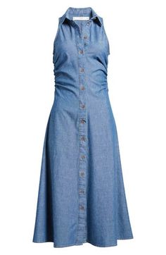 Ruching at the sides creates shape on this denim shirtdress cut in a summery sleeveless silhouette and topped with a polished point collar. Front button closure Point collar Sleeveless 100% cotton Machine wash, line dry Imported Denim Shirt Dress, Shirtdress, Mango, Size 10, Nordstrom, Collar, Blue