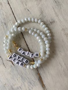 Set of 3 Faith over Fear bracelets Sizes small 6.5 Medium 7 Large 7.5 Extra large 8 Crystal Beaded Bracelets, Word Bracelets, Easy Bracelet, Bracelet Styles, Bracelets Crystal, Christian Bracelets, Saltwater Pearls, Custom Bracelet, Clay Bracelet