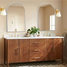 a bathroom vanity with two mirrors above it and a potted plant on the counter