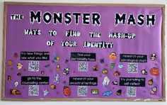 a bulletin board with words and pictures on it that say the monster mash ways to flip the mash - up of your identity