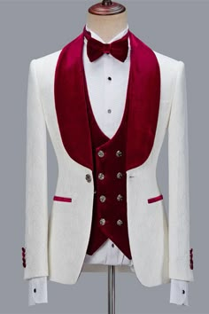 Nathanael White Jacquard Three Pieces Wedding Groom Mens Suits with Velvet Lapel | Allaboutsuit White Festive Tuxedo For Formal Occasions, Festive White Tuxedo For Formal Occasions, Festive White Formal Tuxedo, Luxury Red Tuxedo For Wedding, Elegant Red Three-piece Suit For Wedding, Luxury White Three-piece Suit For Wedding, Luxury Red Wedding Tuxedo, Luxury White Three-piece Wedding Suit, White Groom's Suit For Festive Occasions