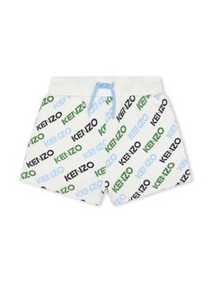 ivory white/multicolour cotton all-over logo print elasticated drawstring waistband slip-on style rear welt pocket straight hem Sailor Shoes, Baby Boy Accessories, Kids Fleece, Kenzo Kids, Designer Kids Clothes, Track Shorts, Shorts White, Boys Accessories, Kids Logo