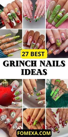 Grinch Nail Designs, Popular Nail Shapes, Grinch Nails, Christmas Nail Art Easy, Nail Art For Kids, Natural Nail Art, Natural Nail Designs, Dip Nail