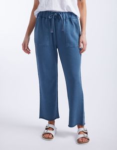 white-co-raw-edge-lounge-pant-denim-womens-clothing Relaxed Bottoms With Drawstring For Fall, Relaxed Drawstring Bottoms For Fall, Soft-washed Wide Leg Loungewear Pants, Soft-washed Bottoms For Spring Loungewear, Everyday Medium Wash Pants With Frayed Hem, Medium Wash Pants With Frayed Hem For Everyday, Casual Wide Leg Soft-washed Bottoms, Spring Soft-washed Straight Leg Bottoms, Washed Bottoms For Loungewear In Fall