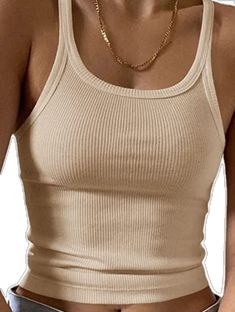 Casual Solid Color Crew Neck Tank Top, Solid Color Tank Top For Spring, Trendy Fitted Beige Tank Top, Basic Fitted Ribbed Tank Top, Spring Season Solid Color Tank Tops, Basic Ribbed Fitted Tank Top, Trendy Beige Stretch Tank Top, Beige Stretch Crop Tank Top, Trendy Stretch Beige Tank Top