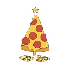 a slice of pizza sitting on top of a piece of chocolate next to a christmas tree