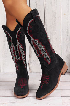 These thick heel embroidered knight boots feature elegant embroidered detailing and a comfortable, thick heel design for a stylish look and long-lasting wear. The quality craftsmanship ensures lasting durability. Perfect for any special occasion. Embroidered Mid-calf Boots With Round Toe For Fall, Winter Embroidered Heeled Boots With Round Toe, Embroidered Round Toe Heeled Boots For Fall, Embroidered Heeled Boots With Round Toe For Fall, Fall Embroidered Round Toe Heeled Boots, Black Cowgirl Boots, Black Cowgirl, Knight Boots, Geometric Embroidery