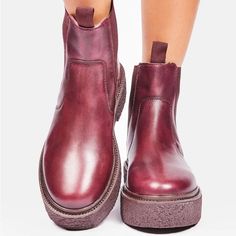 Free People Oxblood Carmel Leather Chelsea Boots Feature A Genuine Leather Construction, Leather Is Slightly Aged And Distressed, Elastic Side Panels For A Slip On Fit, Pull Tabs On The Front And Back, And Platform Soles. Size: 39 Dark Red Or Burgundy (Oxblood) Fully Lined And Cushioned Footbed Gummy-Textured Outsole 2" Platform Heel Jeffrey Campbell, Michael Kors, Rag&Bone, All Saints, Allsaints Burgundy Leather Platform Boots, Stacked Heel Ankle Boots, Oxford Booties, Free People Boots, Red Leather Boots, Stacked Heel Boots, Wrap Boots, Chunky Heel Ankle Boots, Dark Autumn