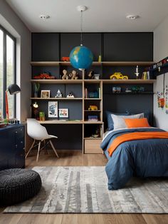 a child's bedroom with black walls and wooden floors