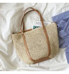 Large Straw Woven Tote Bag with Leather Accents, Summer Bag, Everyday – Elena Handbags Rope Knitting, Handbags Large, Knitting Bag, Crochet Bookmarks, Woven Tote Bag, Raffia Bag, Summer Bag, Modest Clothing, Leather Accents