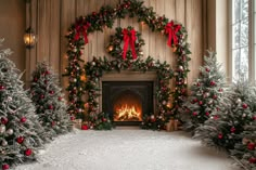 decorated christmas trees in front of a fireplace with lights and wreaths on the mantle