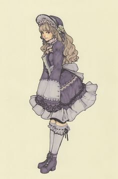 a drawing of a girl in a purple dress and hat with long blonde hair wearing boots