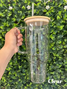 a hand holding a clear glass cup in front of green plants