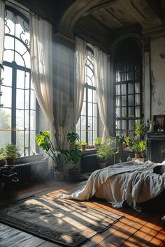 a bedroom with large windows and lots of plants in the window sill, along with a rug on the floor