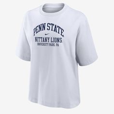 Made with soft cotton, this roomy Penn State tee gives you a relaxed look without feeling too oversized and lets your cheer on the Nittany Lions in comfort. Oversized Nike Cotton T-shirt, Nike Cotton T-shirt For Loungewear, White Nike T-shirt With Text Print, Nike White T-shirt For College, Nike Graphic Print Tops For Loungewear, Nike Relaxed Fit Tops For College, Nike Graphic Print Loungewear Top, Oversized Nike Graphic Print T-shirt, Nike Relaxed Fit College Tops