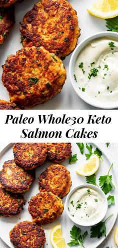 two pictures of salmon cakes with sauce and lemon wedges on the side next to them