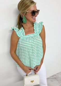 Gloria Green Gingham Tank Top Gingham Tank Top, Green Gingham, Gingham Print, White Denim, Heeled Sandals, Summer Style, Gingham, Stylish Outfits, Final Sale