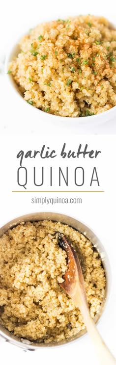 the ingredients for garlic butter quinoa are in white bowls and on top of each other