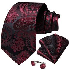 This classic Red Wine Paisley Tie Set is the perfect combination of elegance and sophistication. Crafted from 100% silk, this stylish tie features paisley patterning, a length of 59.06''(150cm), and a width of 3.35''(8.5cm). This set comes with a matching tie, hanky, and cufflinks, and is shipped 48 hours after purchase using reliable express carriers. Upgrade your formal look with this classic tie set from DiBanGu. Paisley Wedding, Pocket Square Size, Formal Tie, Gentleman Shoes, Silver Tie, Formal Accessories, Paisley Tie, Unique Ties, Red Paisley