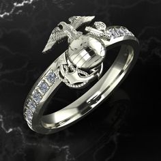 "Petite and fashionable women's USMC ring. 14 diamonds on the band with EGA in the middle. Available in either white or yellow 14k gold. Total Diamond weight is .21ct *Every ring we design and handcraft is made by a Marine Corps Veteran at our shop in Lakewood, Colorado - Proudly Made in USA. *Amazing Custom Marine Corps Rings and jewelry made by a USMC Veteran. Officially licensed and approved by the US Marine Corps! *MADE BY A MARINE FOR MARINES! (TM) *These USMC Rings are Solid, bold, powerfu 14k Gold Diamond Ring With Tension Setting In Silver, Marine Corps Nails, Marine Corps Tattoos, Diamon Ring, Marine Corps Wife, Marine Corps Wedding, Marine Corps Rings, Marine Corps Emblem, Marine Corps Gift